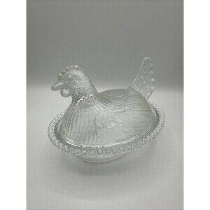 Vintage Indiana Glass Clear Chicken Hen On Nest Covered Candy Dish Mid Century